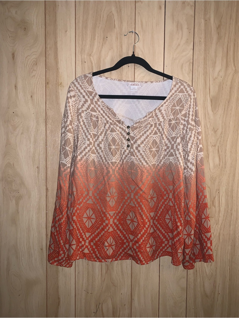 Ariat Beige to Orange Ombre Geometric Henley Long Sleeve